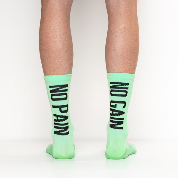 Cycling socks for women and men with inspirational quote. No Pain No Gain